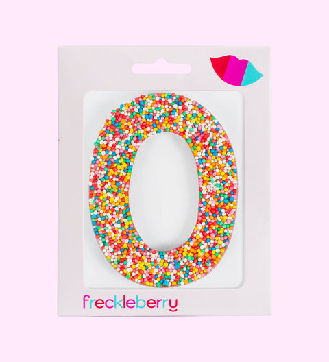 Belgian milk chocolate number 0 with rainbow sprinkles in gift box