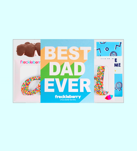 A dad gift box with an assortment of chocolate candies, including a milk chocolate block with 'You're Awesome' text, milk rocky road, honeycomb chocolate with marshmallows, and a chocolate with a Freckle Dad word on it, all presented with a 'You're Awesome' greeting card.