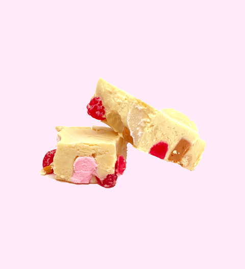 White chocolate rocky road 150g with raspberry lollies marshmallows salted cashews and caramel fudge