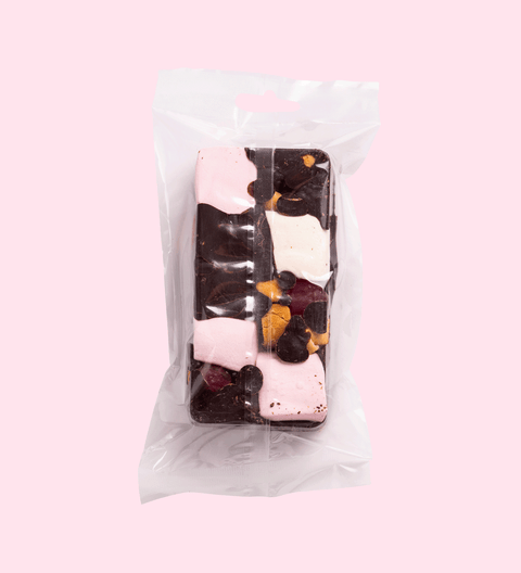 Close-up of chunky Belgian dark rocky road pieces