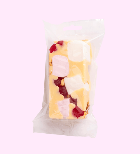 White chocolate rocky road 150g with raspberry lollies marshmallows salted cashews and caramel fudge