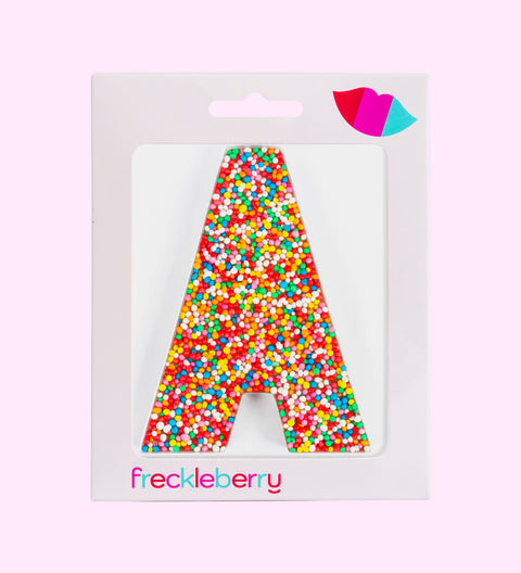 Belgian chocolate letter A 40g with rainbow sprinkles