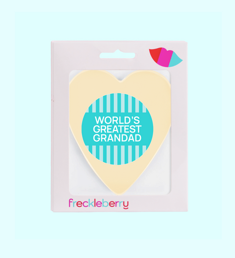Heart-shaped product with 'World's Greatest Grandad' text in a blue circle, branded 'Freckleberry', on a light pink background.