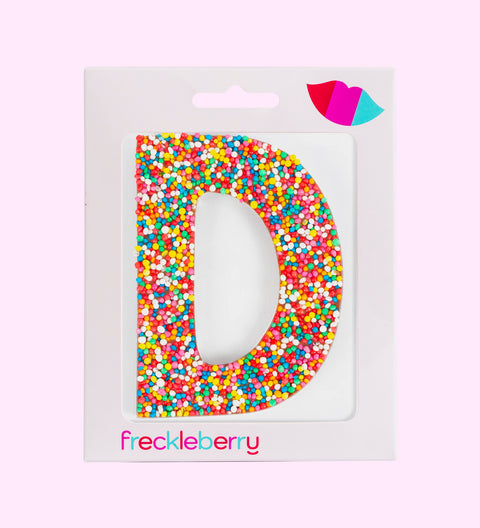 Belgian chocolate letter D 40g with rainbow sprinkles