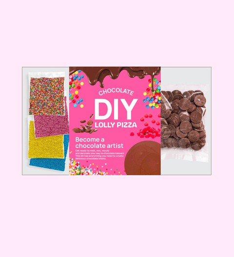 DIY chocolate lolly pizza kit, including colorful sprinkles, chocolate pieces, and a pink packaging with the text 'CHOCOLATE DIY LOLLY PIZZA'.