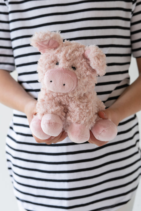Person holding a pink plush pig toy against a striped background