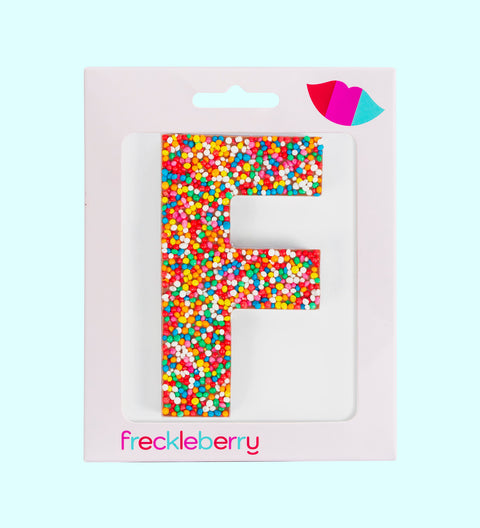 Belgian chocolate letter F 40g with rainbow sprinkles