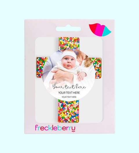 Custom photo logo label on chocolate packaging cross shape religious events