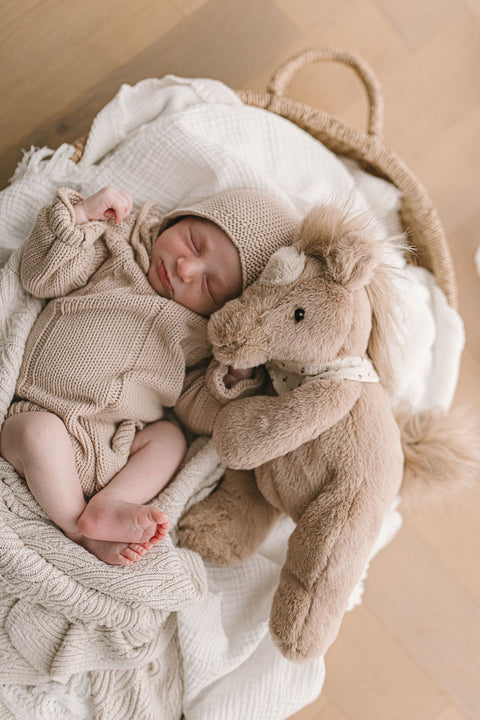 Newborn baby in beige outfit with a plush toy, wrapped in white blanket on wooden floor.