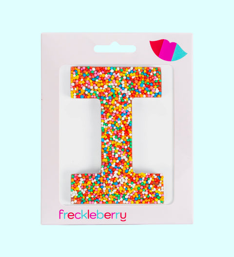 Belgian chocolate letter I 40g with rainbow sprinkles