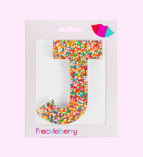 Belgian chocolate letter J 40g with rainbow sprinkles