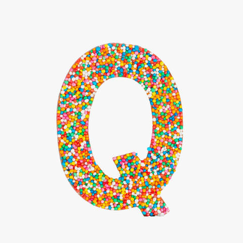 Belgian chocolate letter Q 40g with rainbow sprinkles