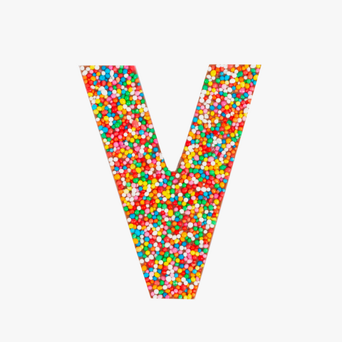 Belgian chocolate letter V 40g with rainbow sprinkles