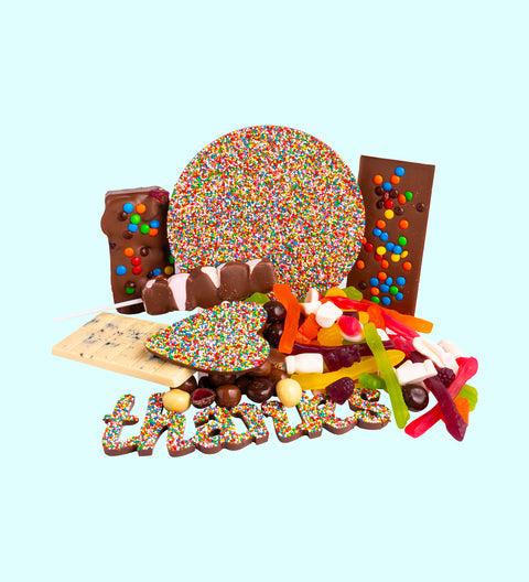 Luxury 'Thank You' Chocolate Hamper
1 x Luxury Gloss White Hamper Gift Box
1 x 220g/330g 'Thank You' Giant Freckle/Pizza
1 x Freckle Heart
1 x Thanks Word
1 x Fun Rocky Road
1 x Mini M&M Block
1 x Cookies and Cream Block
1 x 200g Lolly Jumble
1 x 200g Mixed Chocolate Raspberries
1 x Mallow Pop
1 x Option to Add: 'Thank You' Message on Hamper