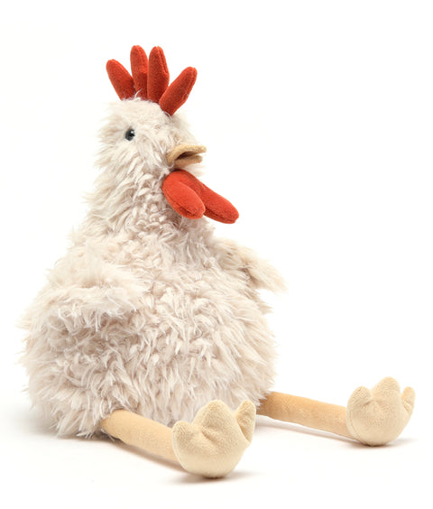 Plush toy rooster on a white background