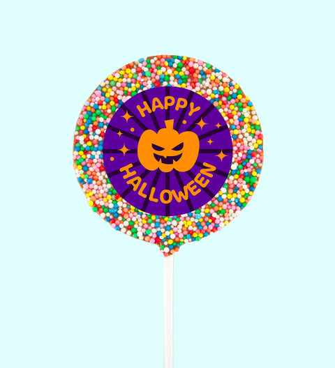 Halloween Belgian chocolate freckle lollipop on a stick with colourful sprinkles