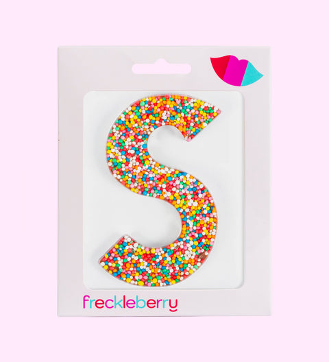 Belgian chocolate letter S 40g with rainbow sprinkles