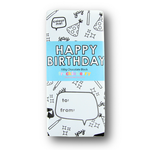 A wrapped Belgian chocolate block with 'Happy Birthday' text and doodles such as party hats and confetti on the packaging.