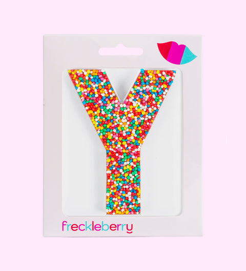 Belgian chocolate letter Y 40g with rainbow sprinkles
