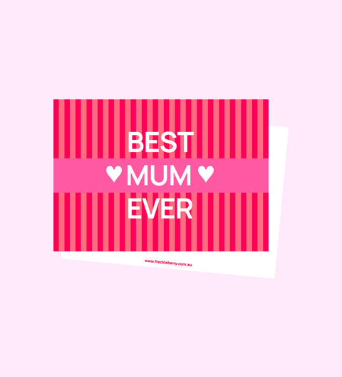 A personalised message card with a striped pattern and the text 'BEST MUM EVER' displayed in the center.