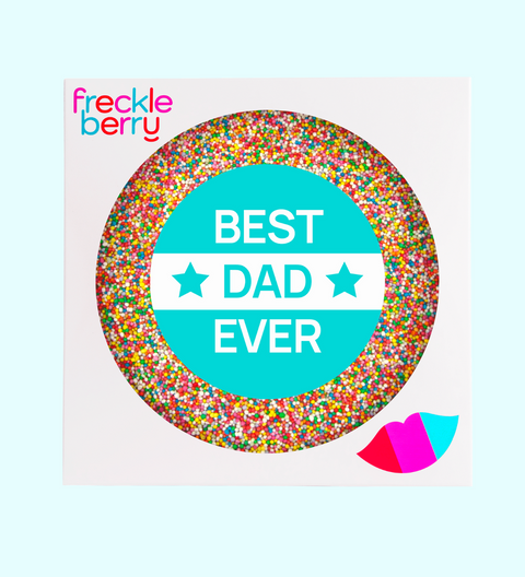Giant freckle 'Best Dad Ever' text and Freckle Berry branding on a light blue background