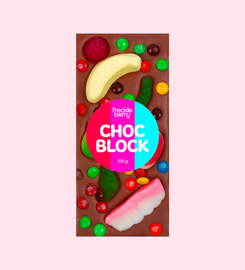 Close-up of party mix chocolate block with colourful toppings