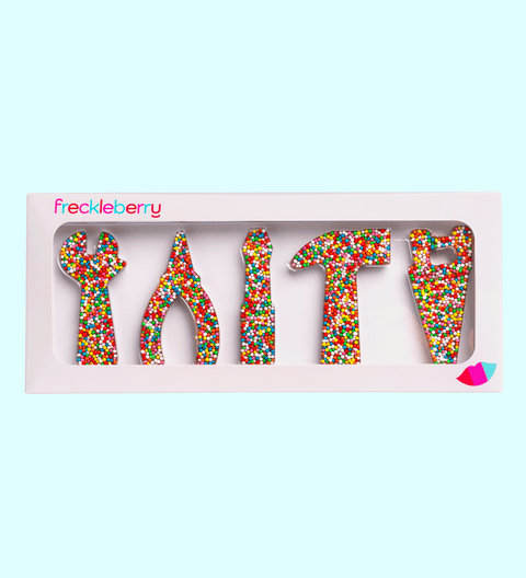 A collection of chocolate tools including shapes of a hammer, pliers, and wrench, arranged to spell out 'DIY'.