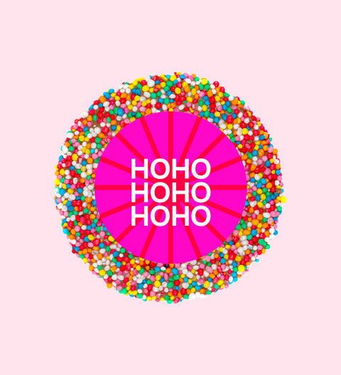 A colorful graphic image of a chocolate freckle with 'HOHOHOHO' text in the center, surrounded by multicolored sprinkles.