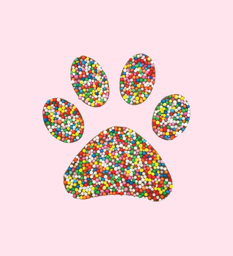 A colorful chocolate shaped like a paw print, composed of multicolored candy pieces.
