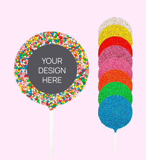 A selection of colorful chocolate freckle pops with a 'Your Design Here' text option, symbolizing customization for personal or corporate events.