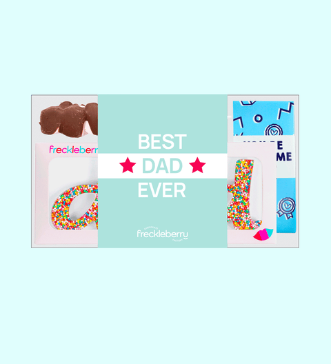 Best dad ever gift box with an assortment of chocolate candies, including a milk chocolate block with 'You're Awesome' text, milk rocky road, honeycomb chocolate with marshmallows, and a chocolate with a Freckle Dad word on it, all presented with a 'You're Awesome' greeting card.