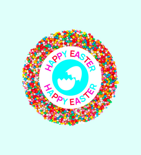A colorful Easter-themed freckle with 'HAPPY EASTER' text and egg graphics, surrounded by multicolored sprinkles.