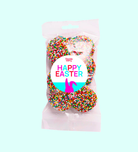 Sweet treat bag multicolored milk chocolate freckles, sealed with a 'Happy Easter' label.