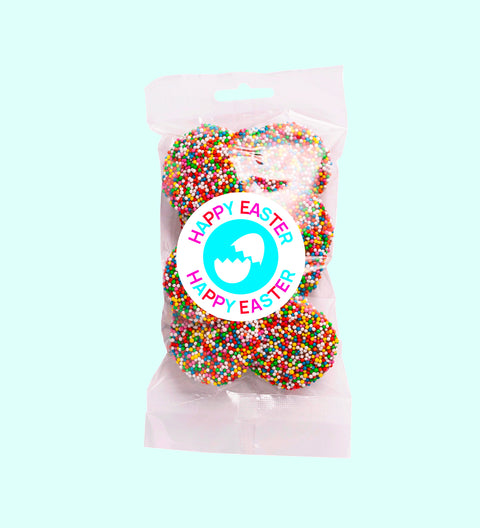 Sweet treat bag multicolored milk chocolate freckles, sealed with a 'Happy Easter' label.
