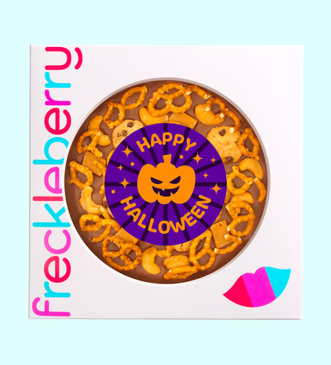 Freckleberry Halloween chocolate gift box with giant chocolate pizza of pretzels, cookies, fudge and cashews