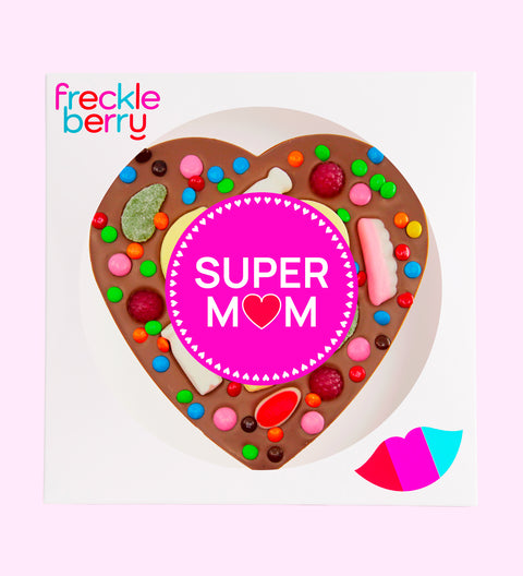 A heart-shaped Belgian chocolate lolly featuring a variety of colorful candies and a label that says 'You are THE BEST MUM'.