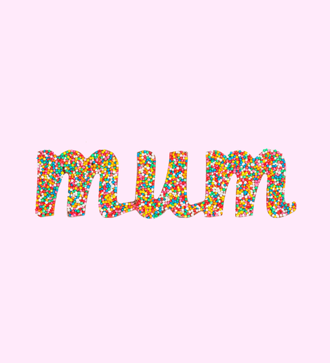 A chocolate Freckleberry Freckle Word Mum, with colorful sprinkles arranged in the shape of the word 'mum'.