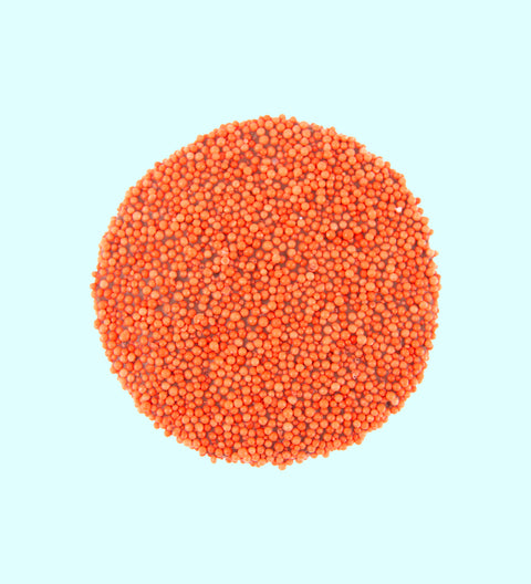 A clear plastic sleeve containing orange colored freckles.