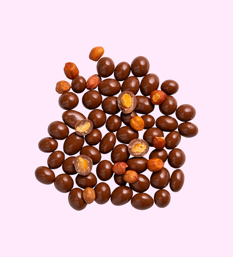 Milk chocolate coated peanuts close up