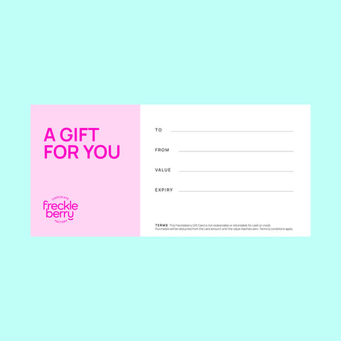 An online gift voucher for Freckleberry Chocolate Factory featuring a colorful design with red, pink, and teal panels and the brand name and logo.