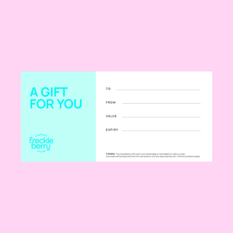 An online gift voucher for Freckleberry Chocolate Factory featuring a colorful design with red, pink, and teal panels and the brand name and logo.