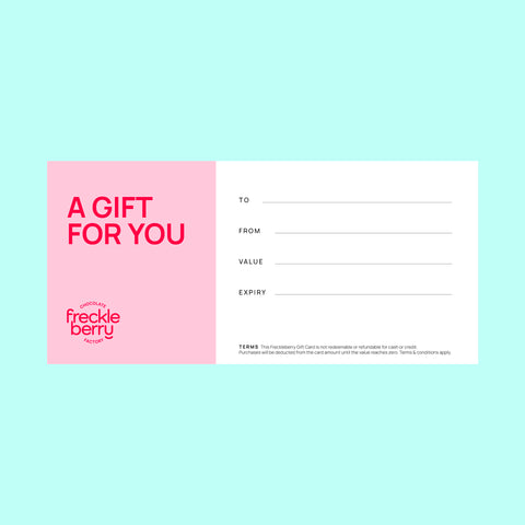 An online gift voucher for Freckleberry Chocolate Factory featuring a colorful design with red, pink, and teal panels and the brand name and logo.