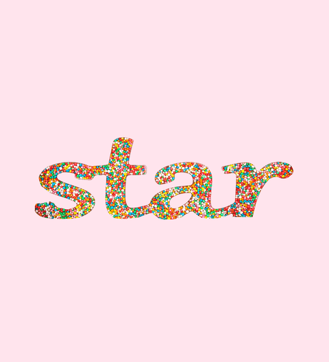 The word 'star' composed of multicolored freckle-like shapes on a pink background