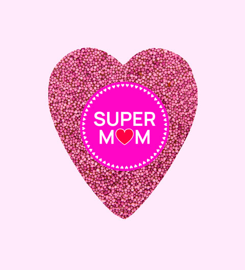 A pink freckle heart-shaped chocolate with a 'SUPER MOM' text in the center on a white background.