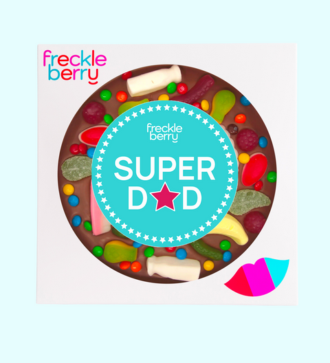 Freckle Berry giant pizza with 'Super Dad' text on a light blue background