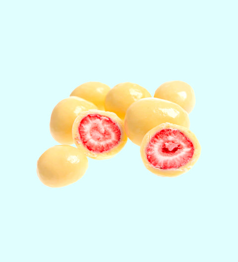 Close-up of white choc strawberries with crunchy centre