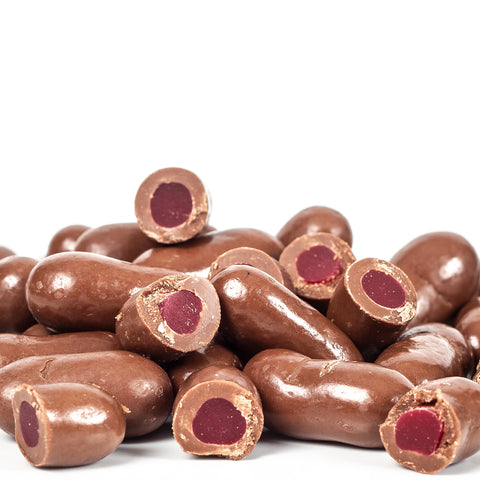 Close-up of milk choc raspberry bullets