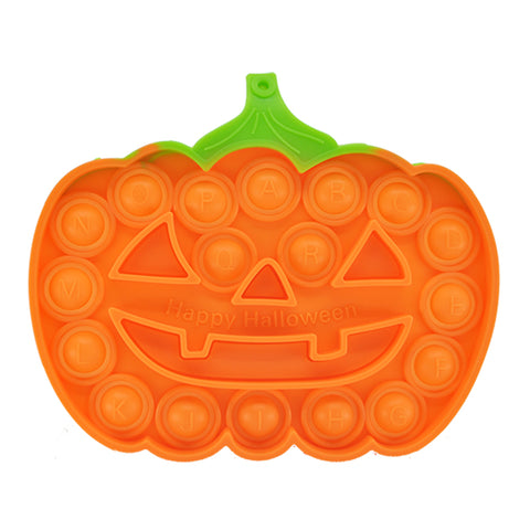 An orange pumpkin-shaped sensory fidget toy with multiple bubbles to press and pop, featuring a happy Halloween face design.