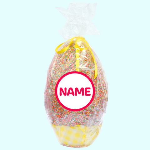 A show-stopping Belgian milk chocolate egg with colourful sprinkles, available with a personalised name for a truly special gift.