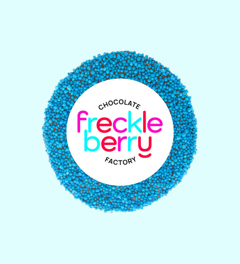 Premium Belgian chocolate topped with vibrant blue sprinkles – a fun and delicious treat for any occasion.
